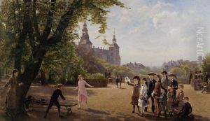 Ludvig Dahl's Children Playing In Kongens Have Park With King Christian Iv's Summer Residence Rosenborg Slot Beyond, Copenhagen by Helmuth Dirckinck-Holmfeld