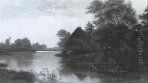 A River Landscape At Sunset With Anglers
