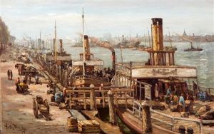 Schepen Aan De Maaskade In Rotterdam by Antonius Bernardus Dirckx