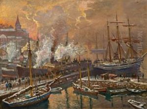 Seilskuter Og Dampbater Ved Akershus Festning by Karl Edvard Diriks