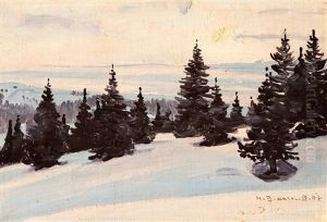 Evening Winter Landscape With Fir Trees by Hermann Dischler