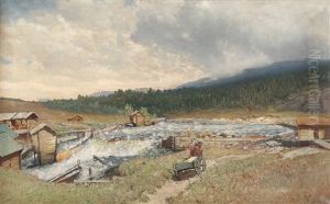 Fossestryk Med Sagbruk Og Hest Og Vogn by Andreas Edvard Disen