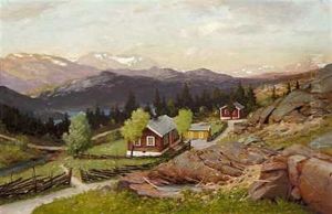 Parti Fra En Norsk Bygd. I Baggrunden Sneklaedte Fjelde