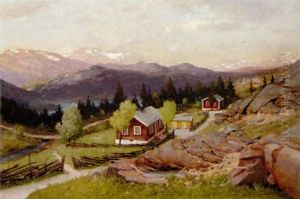 Parti Fra En Norsk Bygd. I Baggrunden Sneklaedtebjegge by Andreas Edvard Disen