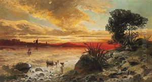 Fishermen Bringing In The Catch At Sunset On The Pozzuoli Coast by Ludwig Dittweiler