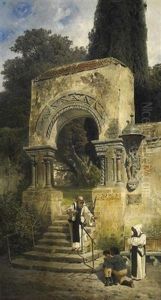 Am Klostergarten. Kleiner Junge Steht Mit Seinem Vater Vor Einem Monch, Den Kopf Zu Boden Gesenkt by Ludwig Dittweiler