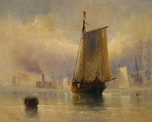 New York Harbor, Trinity Church In The Background by Charles Temple Dix