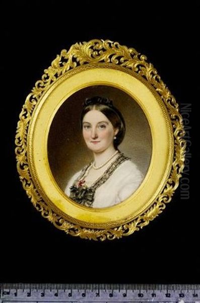 Mrs Hall Wearing White Dress With Black Lace Trim, Pink Carnation Tucked Into A Bow At Her Corsage, Pearl Necklace, Earring And Black Velvet Ribbon In Her Hair - view 1