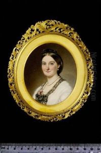 Mrs Hall Wearing White Dress With Black Lace Trim, Pink Carnation Tucked Into A Bow At Her Corsage, Pearl Necklace, Earring And Black Velvet Ribbon In Her Hair by Annie Dixon