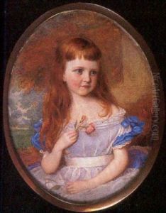 Portrait Of A Young Girl In Blue Dress With White Overdress With Frilled Neckline And White Waistband by Annie Dixon