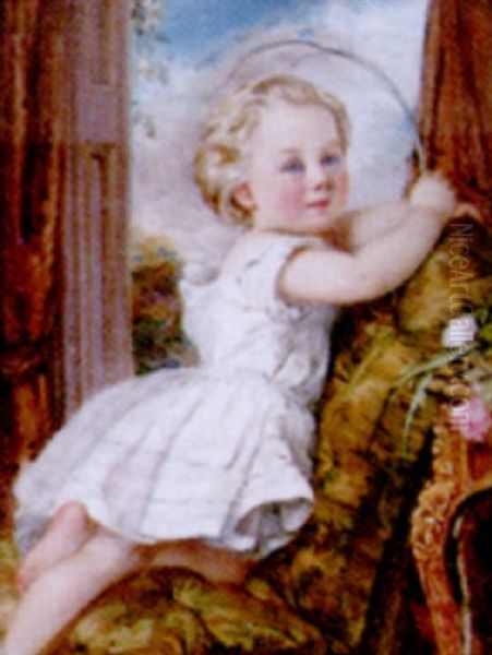 A Portrait Of A Child, John Russell, Kneeling On A Couch In An Interior, By A Window Overlooking A Garden In A White Petticoat - view 1