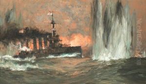 Finished Oil Sketch For ' A Heavy Cruiser At The Battle Of Jutland' by Charles Edward Dixon