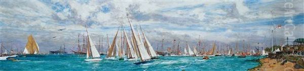 A One-design Class Crossing The Starting Line At Cowes Week, With The Royal Yacht Victoria And Albert (iii), With H.m. George (v) Aboard... - view 1