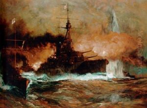 Admiral Jellicoe's Flagship "h.m.s. Iron Duke" With Escorting Destroyers Leading The Grand Fleet Into Action