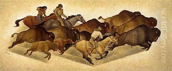 Running Buffalo With Hunters - view 1