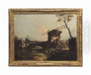 An Italianate Landscape With Classical Ruins, With Elegant Figures Conversing Beside A Statue; And An Italianate River Landscape With A Drover, Cattle And Sheep At A Fountain, Ruin Beyond (pair) by Antonio Diziani