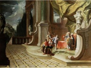 An Architectural Capriccio With Figures In A Palace Interior by Antonio Diziani