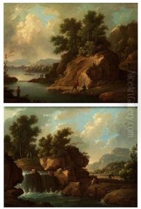 Sudliche Fantasielandschaft Mit Flusslauf Und Kaskade Zwischen Felsen (+ Von Baumen Bewachsene Felsengruppe Am Seeufer; Pair) Sudliche Fantasielandschaft Mit Flusslauf Und Kaskade Zwischen Felsen (+ Von Baumen Bewachsene Felsengruppe Am Seeufer; Pair)