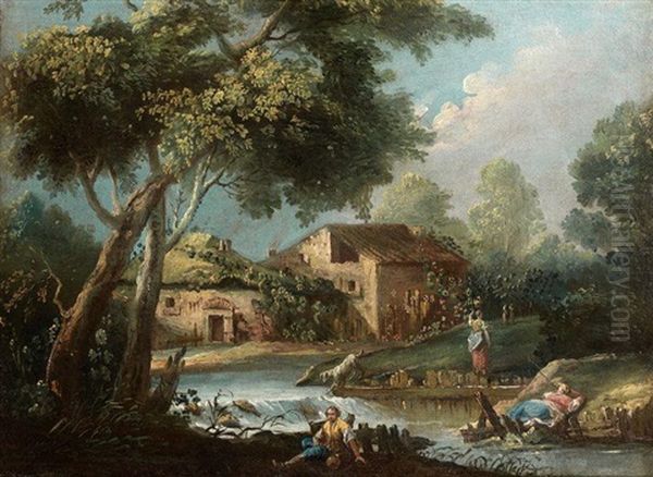 Repos Des Pecheurs Aupres D'une Riviere Devant Une Chaumiere - view 1
