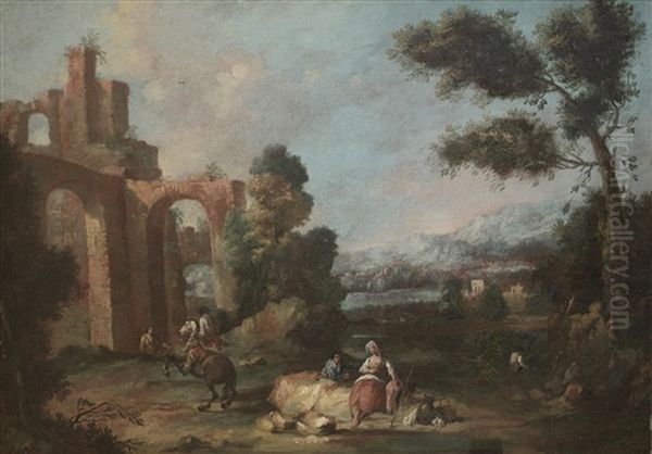 A Shepherd And A Shepherdess Grazing Their Livestock Before A Mountainous Landscape; (2 Works) - view 1