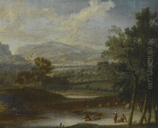 Teichlandschaft Mit Angler Und Rastendem Bauernpaar - view 1