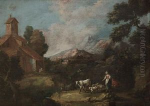 Shepherds And Shepherdess Grazing Their Cattle...(+ A Horseman, A Shepherdess Resting On A Rock And Other Figures With Ruins In The Distance; Pair) by Antonio Diziani