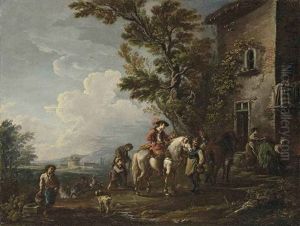 An Italian Landscape With Horsemen Halting At An Inn by Antonio Diziani