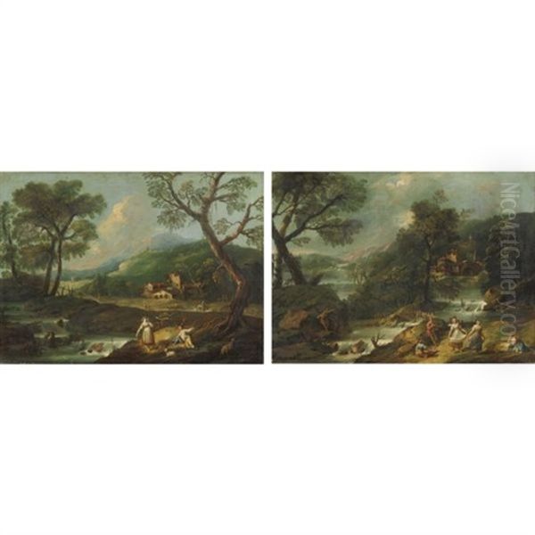 Paesaggi Con Figure Lungo Un Fiume (pair) - view 1