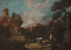 Shepherds And Shepherdess Grazing Their Cattle Before A Mountainous Landscape (+ A Horseman, A Shepherdess Resting On A Rock And Other Figures With Ruins In The Distance; Pair) by Antonio Diziani