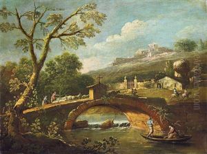 Landschaft Mit Gebirgsbach Und Brucke