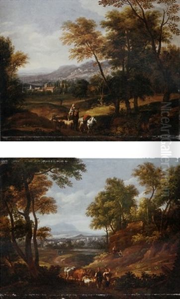 An Italianate Wooded Landscape With Peasants, Cattle And Gots On A Country Path, Mountains Beyond - view 1