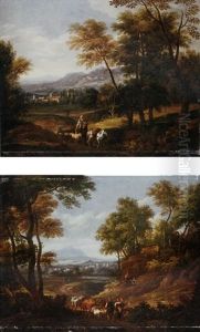 An Italianate Wooded Landscape With Peasants, Cattle And Gots On A Country Path, Mountains Beyond by Antonio Diziani