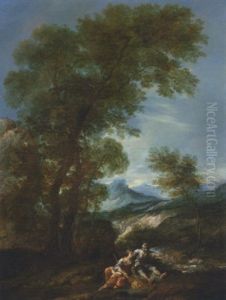 A Mountain River Landscape With A Shepherd And Shepherdess