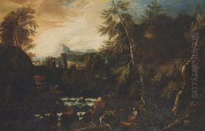 Paesaggio Fluviale Con Cascata E Pastori by Antonio Diziani