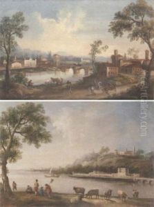 A River Landscape With Fishermen And Peasants With Cattle On An Embankment, A Harbour And A Fortified Town On A Hill Beyond