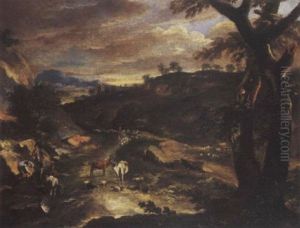 A Wooded Landscape With Peasants Digging A Hole By A Path With Cattle And Sheep, A Hilltown And Mountains Beyond by Antonio Diziani
