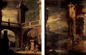 A Capriccio View Of Roman Ruins With Classical Figures, A Pastoral Landscape Beyond by Antonio Diziani