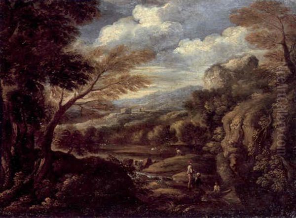 A Wooded Italianate Landscape With Figures Next To A River, Mountains Beyond - view 1