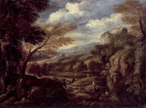 A Wooded Italianate Landscape With Figures Next To A River, Mountains Beyond by Antonio Diziani