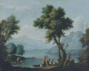 Paesaggio Lacustre Con Lavandaie E Borgo Sullo Sfondo