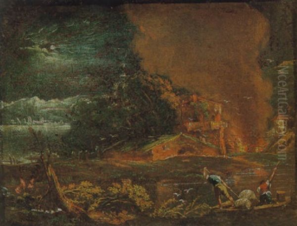 Veduta Notturna Di Citta In Fiamme E Figure - view 1