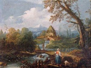 A River Landscape With A Shepherdess And A Figure Crossing A Wooden Bridge, Mountains Beyond A River Landscape With A Shepherdess And A Figure Crossing A Wooden Bridge, Mountains Beyond