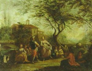 Travellers Conversing By A River, A Town Beyond by Antonio Diziani