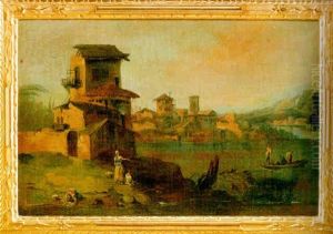 Paesaggio Fluviale Con Torre E Alti Edifici A Sinistra by Antonio Diziani