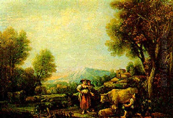 Paesaggio Agreste Con Due Contadine E Un Pastorello Alla Mungitura - view 1