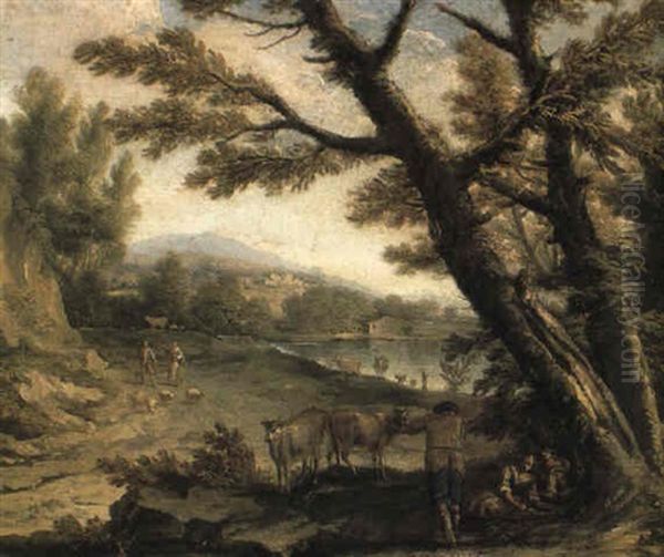 River Landscape With Travellers Approaching A Herdsman - view 1
