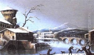 Paesaggio Fluviale Con Castello, Ponte E Figure Sotto La Neve