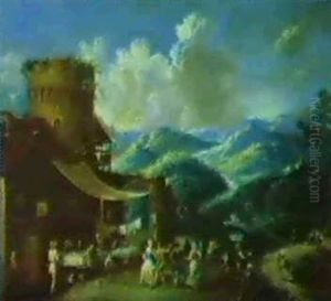 Peasants Dancing In A Mountainous Landscape by Antonio Diziani