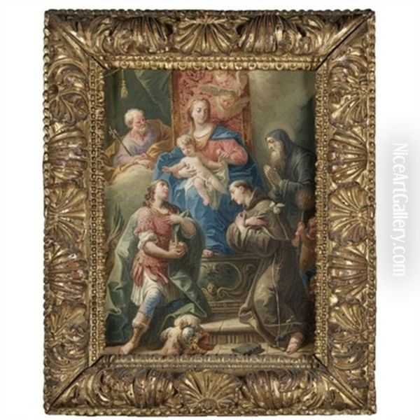 The Madonna And Child Enthroned With Saints Joseph, Anthony Of Padua, Francis Of Paola, And A Young Martyr Warrior Saint, Possibly Saint Florian, Holding A Model Of A Town - view 1