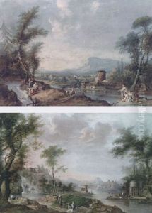 A Classical Landscape With A Fisherman, A Washerwoman, A Mother And Child And Other Figures By A River, A Waterfall Beyond